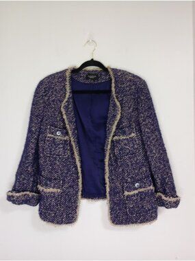 Talbots Womens Open-Front Tweed Jacket Sz 16 Blue Tan Fringe Trim Button Pockets